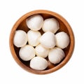 Mini mozzarella balls, fresh white Italian cheese, in a wooden bowl Royalty Free Stock Photo