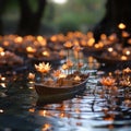 Mini paper boats sailing on the water in spring along rivers filled