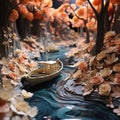 Mini paper boats sailing on the water in spring along rivers filled