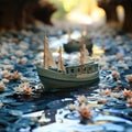 Mini paper boats sailing on the water in spring along rivers filled Royalty Free Stock Photo