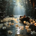 Mini paper boats sailing on the water in spring along rivers filled