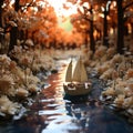 Mini paper boats sailing on the water in spring along rivers filled