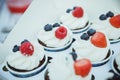 Delicious mini tarts.Mini Pavlova meringue with whipped cream and blueberries and strawberries, top view.Healthy dessert Royalty Free Stock Photo