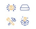 Mini pc, Bitcoin system and Spanner tool icons set. Spanner sign. Computer, Cryptocurrency scheme, Repair. Vector