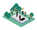 Mini people with forest scene and smartphone Royalty Free Stock Photo
