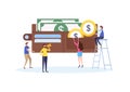 Mini people`s hold the money to big wallet, Investment, Saving, Economy. Business financial concept. Flat cartoon vector