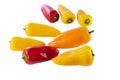 Mini peppers multicolored, scattered on white background