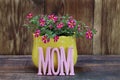 Mini Petunias in a yellow pot with the word Mom in front