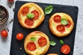 Mini pie with tomatoes and cheese. Quiche with vegetables and sauce top view
