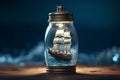 Mini pirate ship sails within an ocean in a bottle Royalty Free Stock Photo