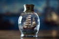 Mini pirate ship sails within an ocean in a bottle Royalty Free Stock Photo