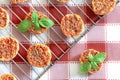 Mini pizas with tomato, oregano and basil on red and white checkered tablecoth. Royalty Free Stock Photo