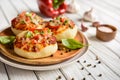 Mini pizza buns with ham, bell pepper, green onion and cheese Royalty Free Stock Photo