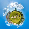 Mini planet Earth. Little planet earth with 360 viewing angle. Globe panorama of world. Summer little planet with trees, green Royalty Free Stock Photo