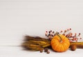 Mini Pumpkin, Wheat, Berries against White Clapboard Wall