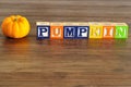 Mini pumpkin with word pumpkin Royalty Free Stock Photo