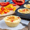 Mini quiche with chicken and bell pepper, square