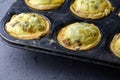Mini quiche tarts in baking tray - small savoury pies on grey background