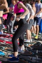 Mini Rebounder Workout: Girls doing Fitness Exercise in Outdoor Class at Gym