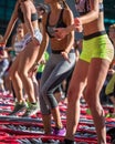 Mini Trampoline Workout: Girls doing Fitness Exercise in Outdoor Class at Gym