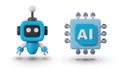 Mini robot, processor with AI label. Set of vector objects in cartoon 3D style Royalty Free Stock Photo