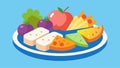 Mini sandwiches animal crackers and fruit slices make an adorable and tasty snack platter for kids.. Vector illustration