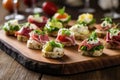 mini sandwiches with different cold cuts on an oak board Royalty Free Stock Photo