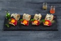 Mini sandwiches food set. Brushetta or authentic traditional spanish tapas for lunch table. Delicious snack, appetizer Royalty Free Stock Photo