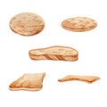 A mini set of bread products. Sliced baguette, round and square crackers. Hand drawn watercolor illustration isolated on white