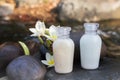 Mini set of bubble bath shower gel liquid with flowers and pebble on waterfall rock Royalty Free Stock Photo