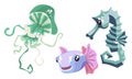 Mini set with jellyfish, fish, seahorse. Cute abstract animals in blue, pink and green tones swim in isolation on a