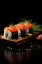 Mini-Set of salmon sushi on tray, japanese cuisine, minimalistic style, black background,vertically Royalty Free Stock Photo