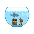 Mini shark in Aquarium and treasure chest. Scuba diver in old