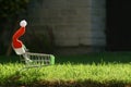 Mini shopping basket in the grass outside with a Santa hat as a concept for the new year, sales, Christmas shopping and mega promo