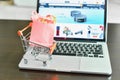 Mini Shopping Cart with Mini Shopping Bags on Laptop with E-Commerce Website on the Screen