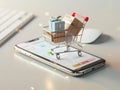Mini shopping cart with gift boxes on a smartphone, symbolizing online shopping, e-commerce. Generative Ai Royalty Free Stock Photo