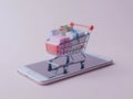 Mini shopping cart with gift boxes on a smartphone, symbolizing online shopping, e-commerce. Generative Ai Royalty Free Stock Photo