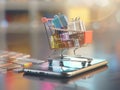 Mini shopping cart with gift boxes on a smartphone, symbolizing online shopping, e-commerce. Generative Ai Royalty Free Stock Photo