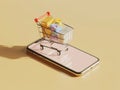 Mini shopping cart with gift boxes on a smartphone, symbolizing online shopping, e-commerce. Generative Ai Royalty Free Stock Photo