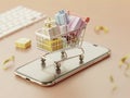 Mini shopping cart with gift boxes on a smartphone, symbolizing online shopping, e-commerce. Generative Ai Royalty Free Stock Photo