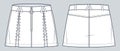 Mini Skirt technical fashion illustration. Lace-up Skirt fashion flat technical drawing template, mini length, zipper