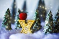 Mini snowy Christmas trees in the forest. Bokeh lights background Royalty Free Stock Photo