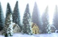 Mini snowy Christmas trees with houses in the forest. Bokeh lights background Royalty Free Stock Photo