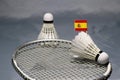 Mini Spain flag stick on the shuttlecock put on the net of badminton racket and out focus a shuttlecock