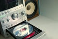 Mini stereo system from the 90s and old cds Royalty Free Stock Photo