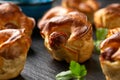 Mini Toad in the hole, Baked sausages in Yorkshire pudding with gravy Royalty Free Stock Photo