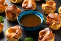 Mini Toad in the hole, Baked sausages in Yorkshire pudding with gravy Royalty Free Stock Photo