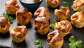 Mini Toad in the hole, Baked sausages in Yorkshire pudding with gravy Royalty Free Stock Photo