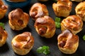 Mini Toad in the hole, Baked sausages in Yorkshire pudding with gravy Royalty Free Stock Photo