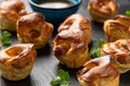 Mini Toad in the hole, Baked sausages in Yorkshire pudding with gravy Royalty Free Stock Photo